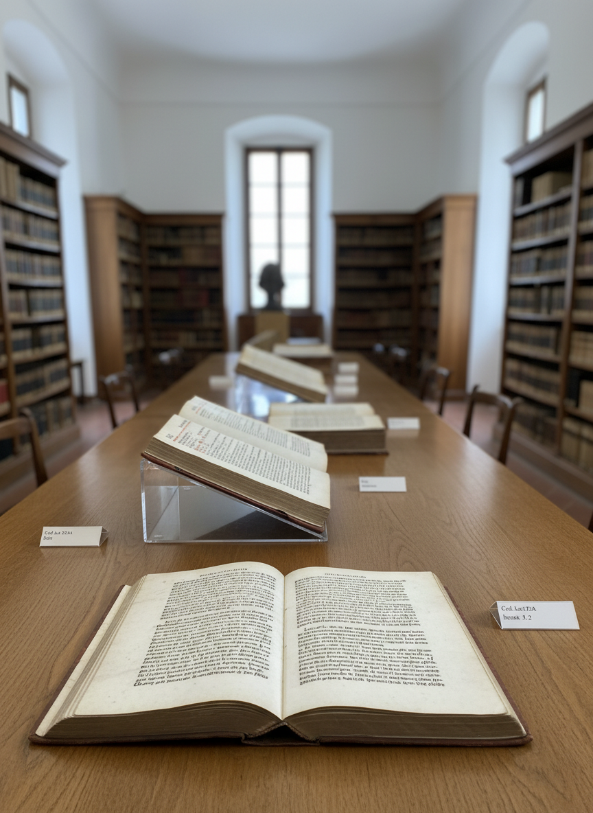A long, polished oak reading table in a historic Italian archive, photographed from a low, eye-level perspective. At the center rests an arrangement of open medieval codices and early printed books, their pages filled with Latin commentary on Aristotle and Averroes. Small archival supports cradle the bindings, and discrete call number tags sit beside each volume. Soft, overcast daylight filters through tall, arched windows in the background, illuminating the vellum surfaces with a cool, even glow while the distant shelves and filing cabinets recede into a gentle blur. The composition uses the rule of thirds, with the central manuscript sharply in focus and the surrounding environment providing quiet context. The atmosphere is calm, methodical, and rigorously academic, rendered in crisp photographic realism with subtle textures and no decorative embellishment.